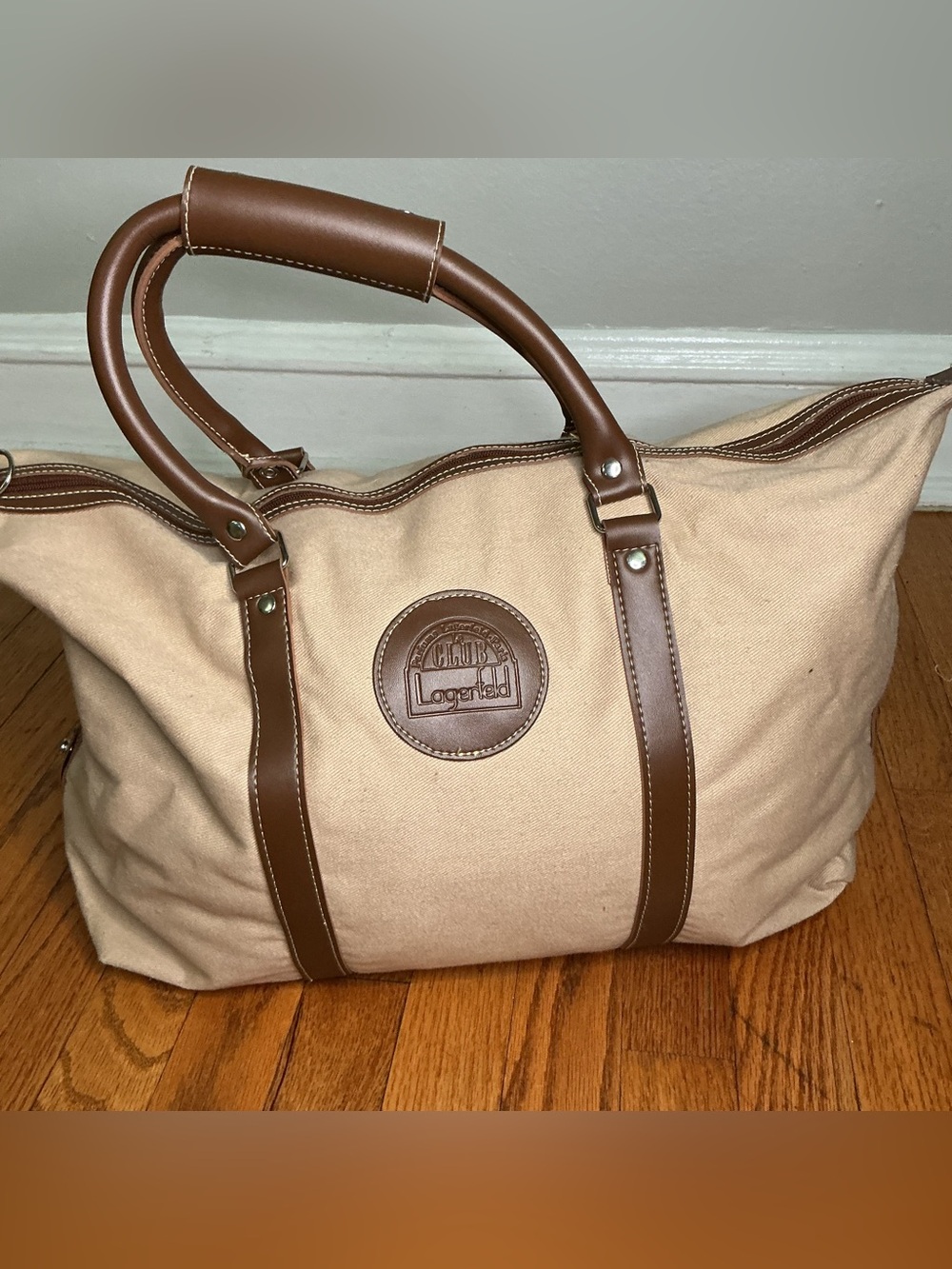 Lagerfeld “Club Parfums” Vintage Travel Tote Tan Canvas with Brown Trim